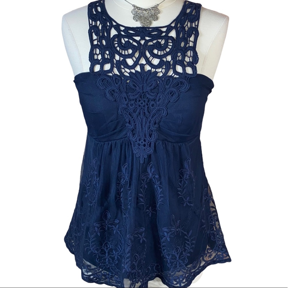 Navy Blue Lace Sleeveless Top
